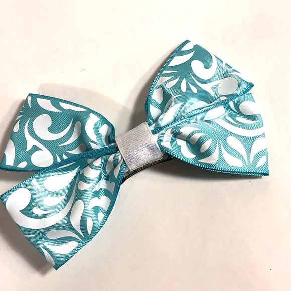Pair Hair Clip Barrettes - Teal Blue White - Ribbon Bow Knot New Coquette 5" - Picture 2 of 7